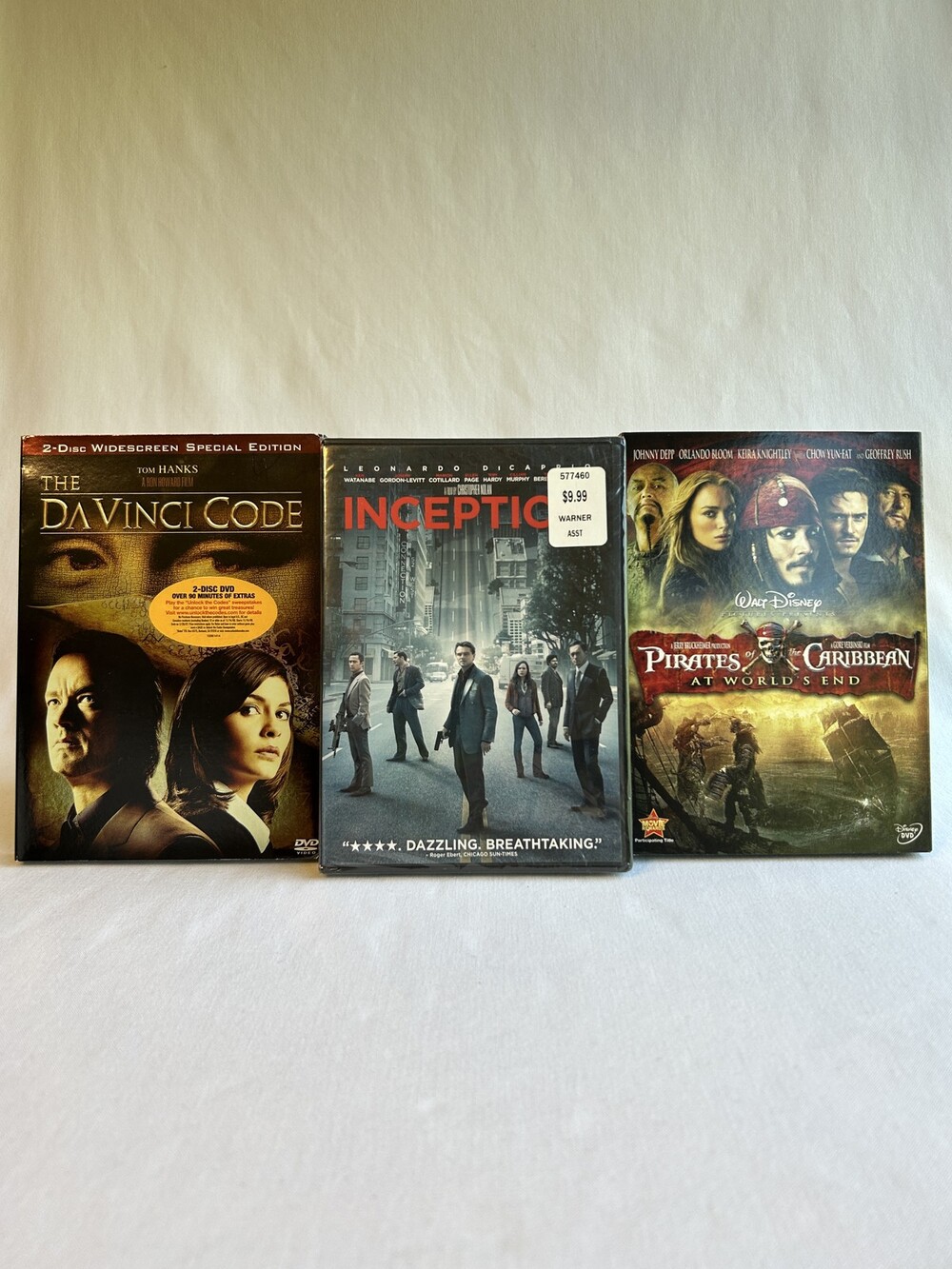 3 DVD Movies Inception Da Vinci Code Pirates Caribbean At World's End Action